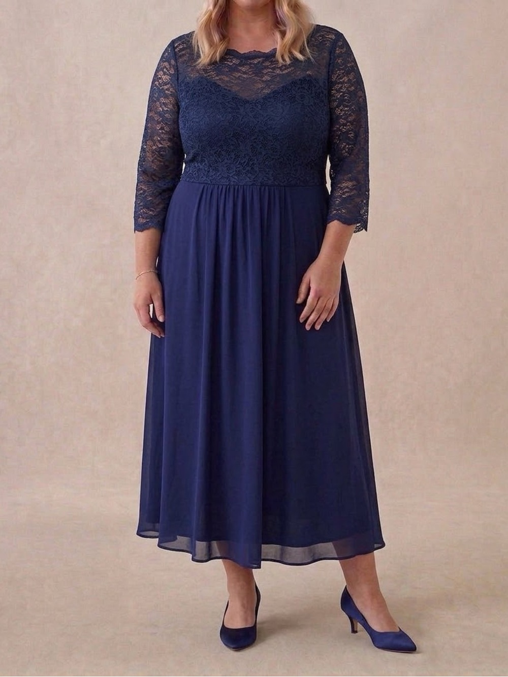 Midnight Navy Lace Bodice Midi Dress with Three-Quarter Sleeves